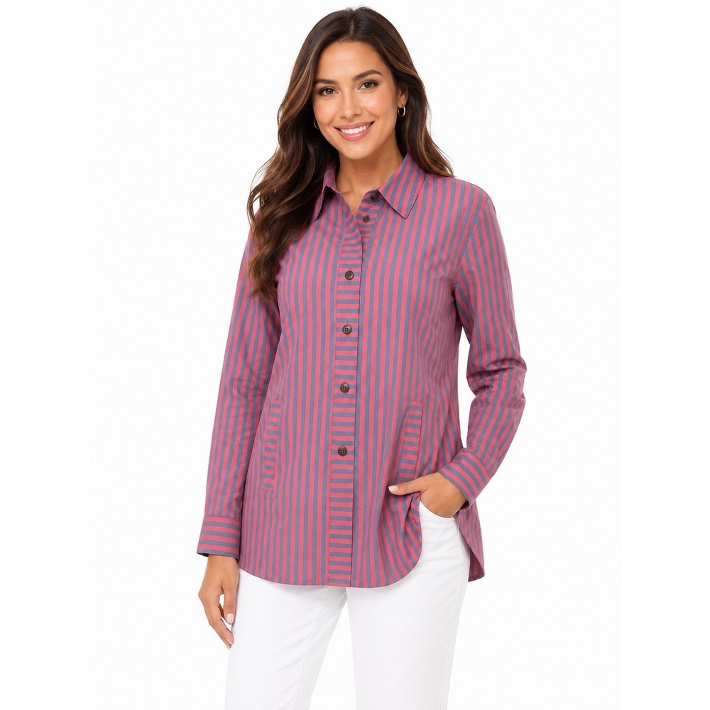 Cabi Womens Size M Red Gray Stripe Button Front Long Sleeve Shirt Jacket Stretch